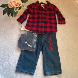 NWT Hanna Anderson Size 80 (2) Boys 3 Piece Jean Set With Flannel Shirt & Hat